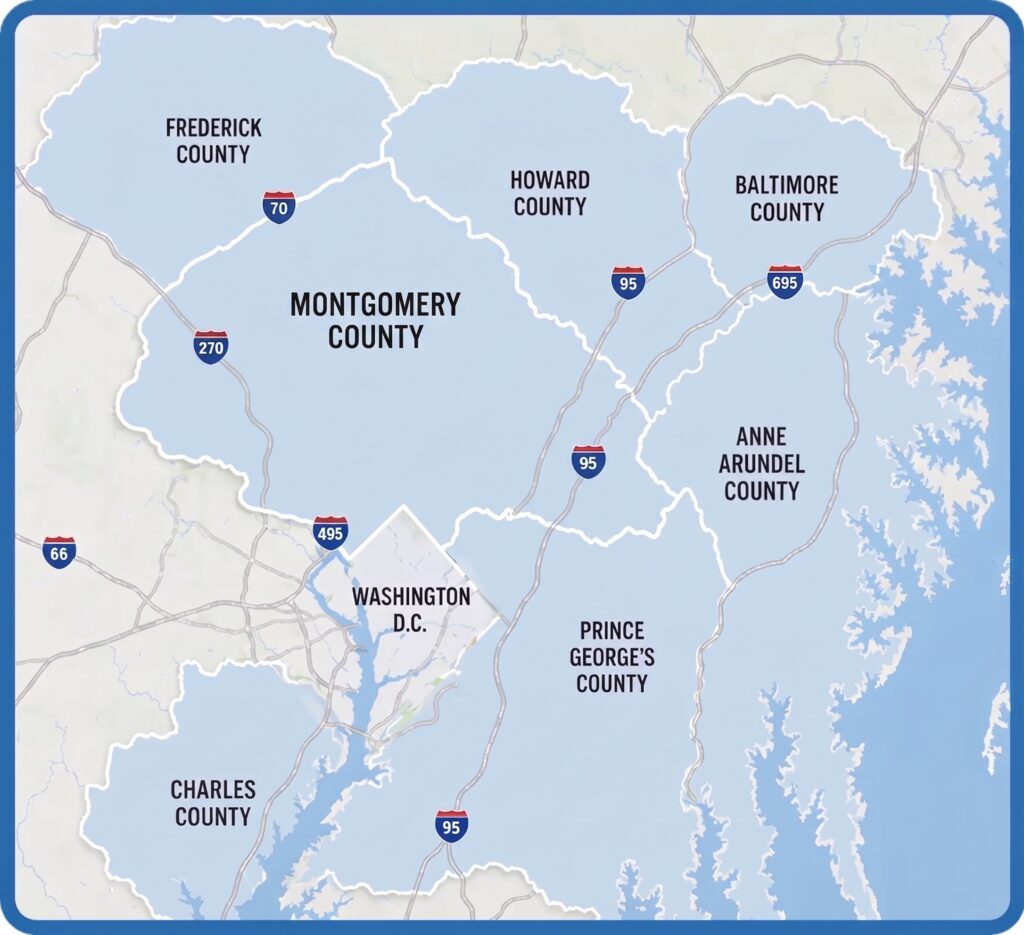 Map showing Montgomery County, Maryland and its neighboring counties: Frederick, Howard, Baltimore, Anne Arundel, Prince George’s, Charles, and the nearby Washington, D.C. Major highways are labeled.