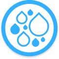 Blue water droplet icons of various sizes inside a blue circle on a white background.