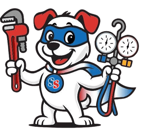Cartoon dog in a superhero costume holds a red pipe wrench in one paw and HVAC gauges in the other. The dog has a blue mask, a cape, and a medallion with “SS” on its chest.